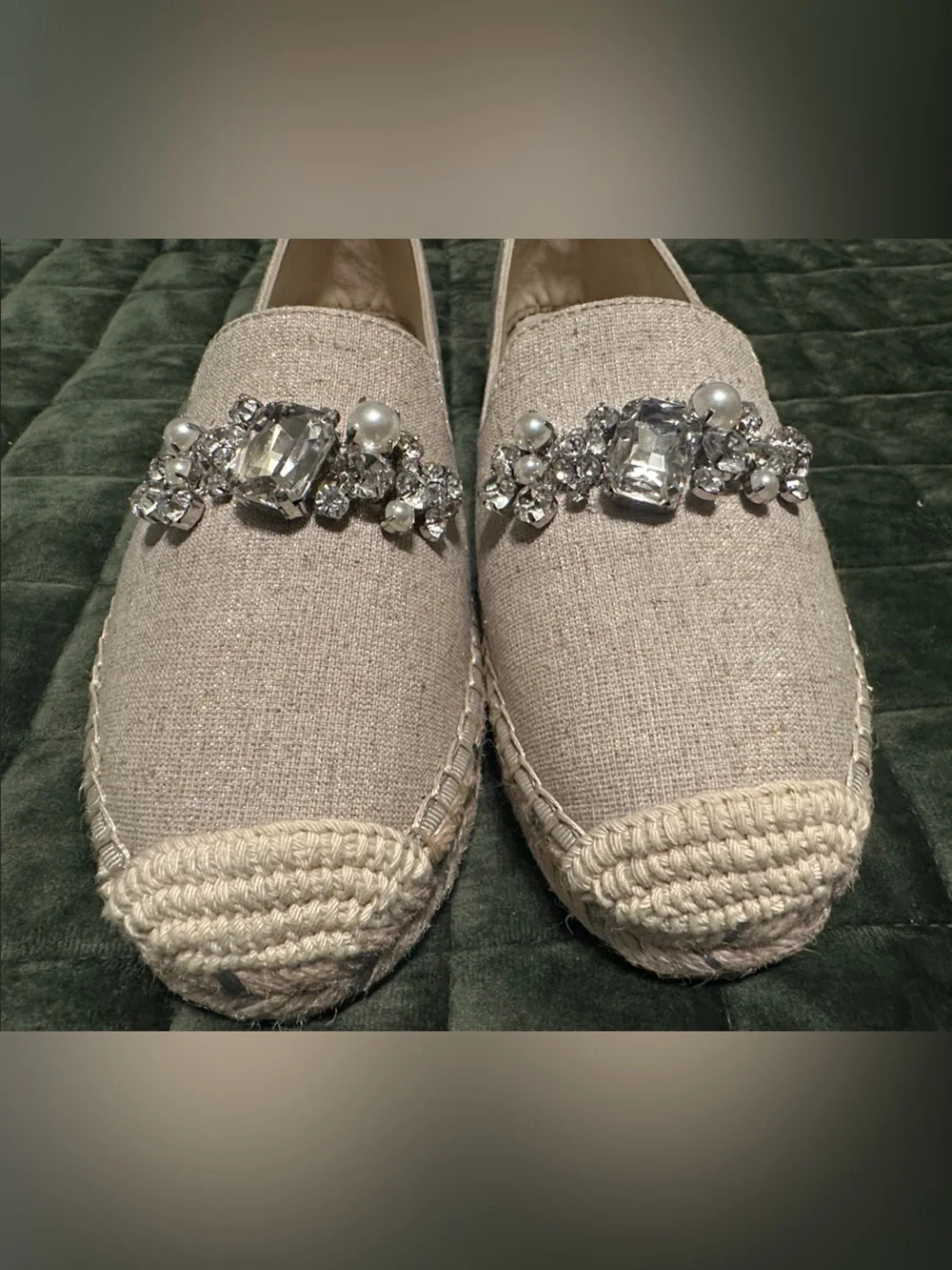 Karl Lagerfeld Beige Crystal & Pearl Espadrille Flats